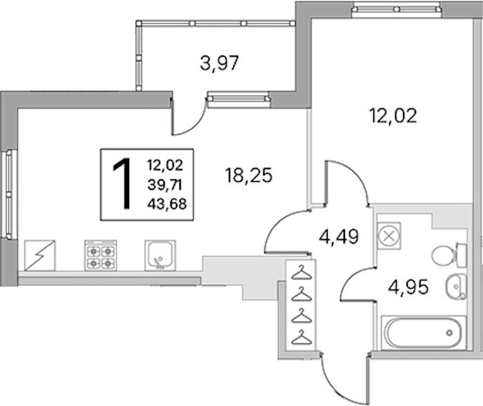 1-комнатная квартира 39.71 м², 1/5 эт., ЖК «ЮгТаун. Олимпийские кварталы»
